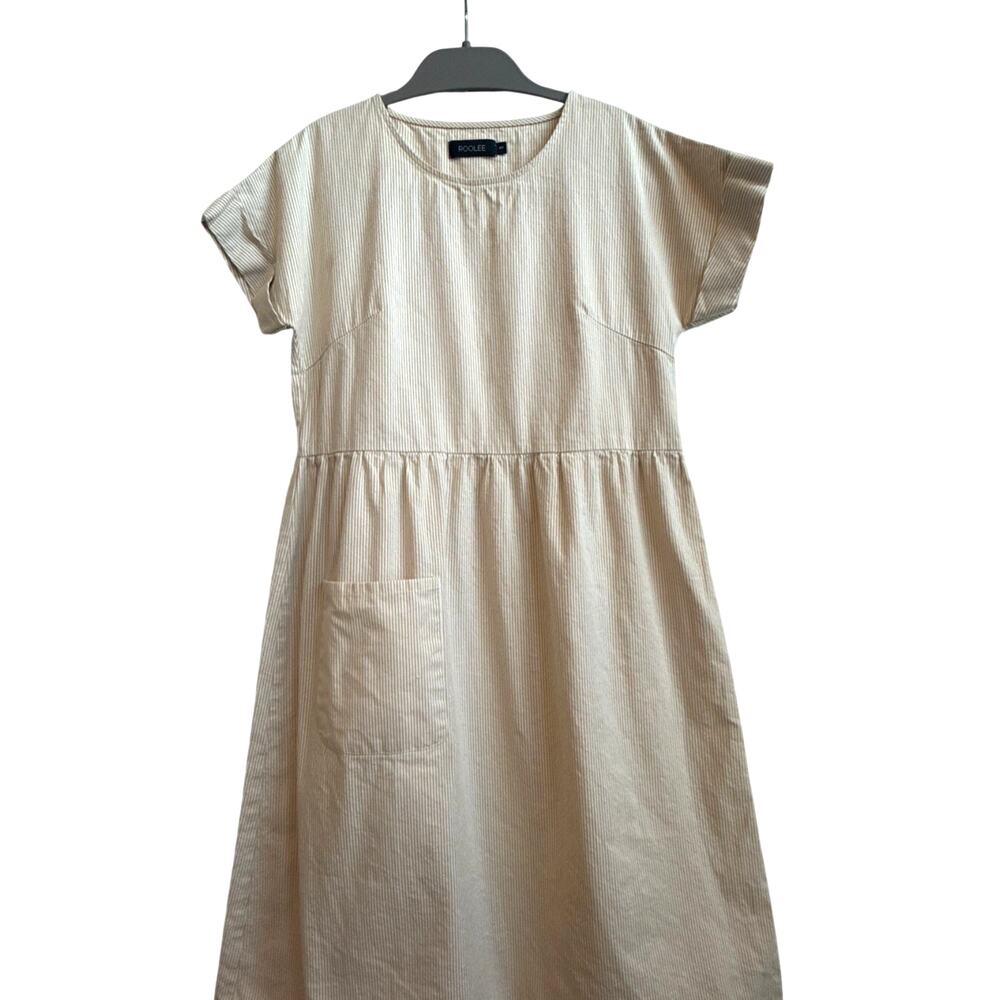 Roolee Beige and White Vertical Striped Knee Length Dress with Pocket
